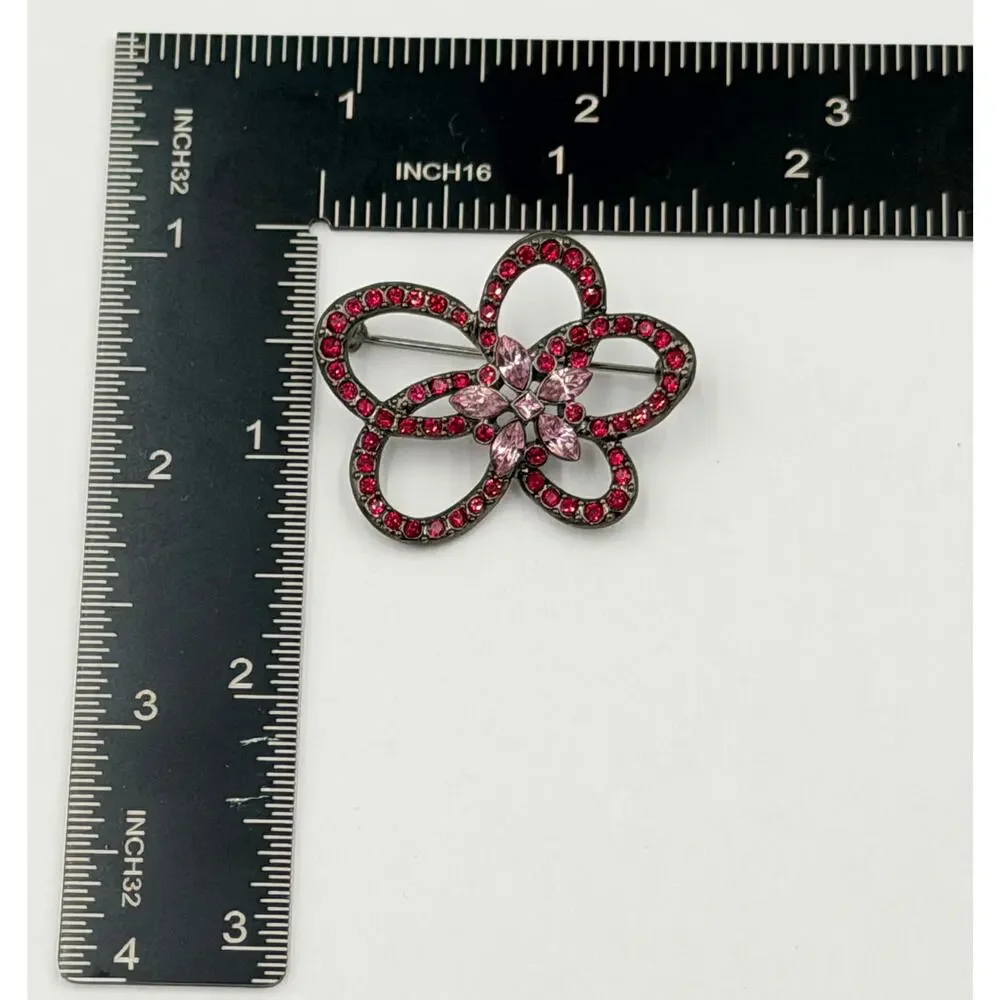 Vintage GIVENCHY Pink Looping Flower Rhinestone Gunmetal Tone Brooch